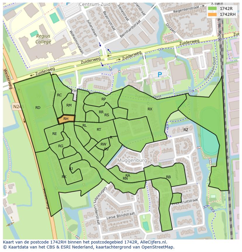 Afbeelding van het postcodegebied 1742 RH op de kaart.