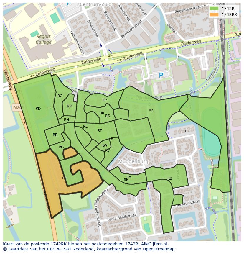 Afbeelding van het postcodegebied 1742 RK op de kaart.