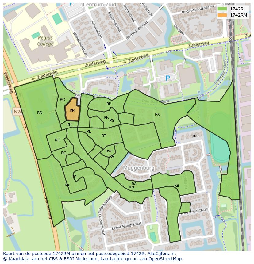 Afbeelding van het postcodegebied 1742 RM op de kaart.