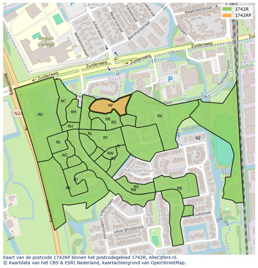 Afbeelding van het postcodegebied 1742 RP op de kaart.