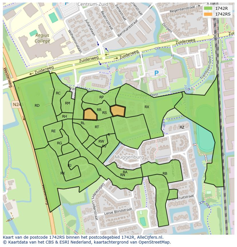Afbeelding van het postcodegebied 1742 RS op de kaart.