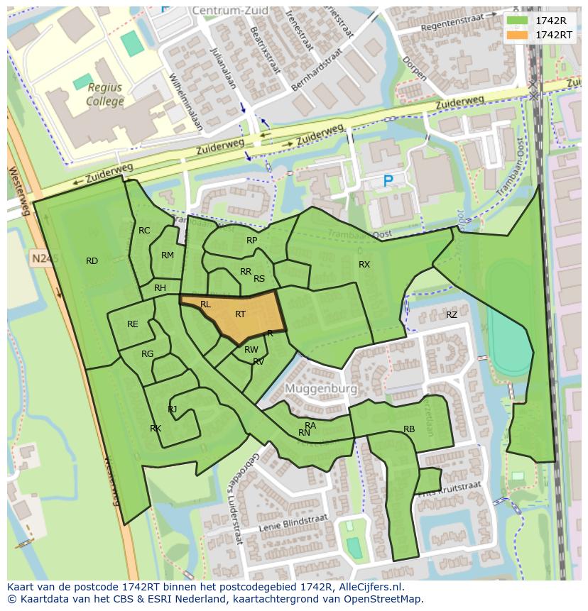 Afbeelding van het postcodegebied 1742 RT op de kaart.