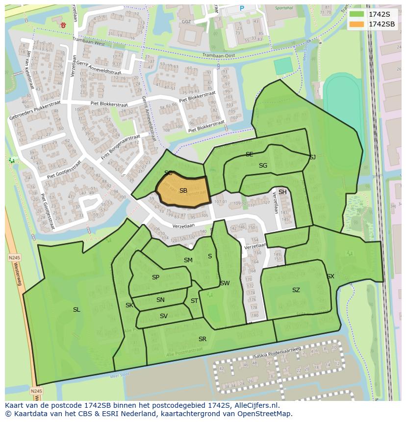Afbeelding van het postcodegebied 1742 SB op de kaart.