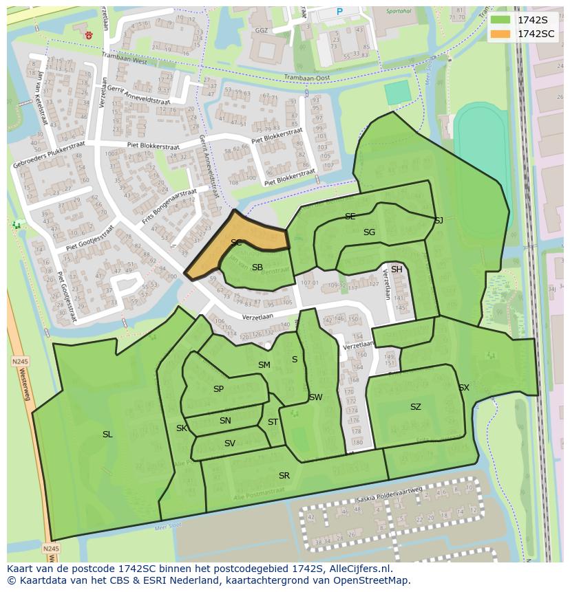 Afbeelding van het postcodegebied 1742 SC op de kaart.
