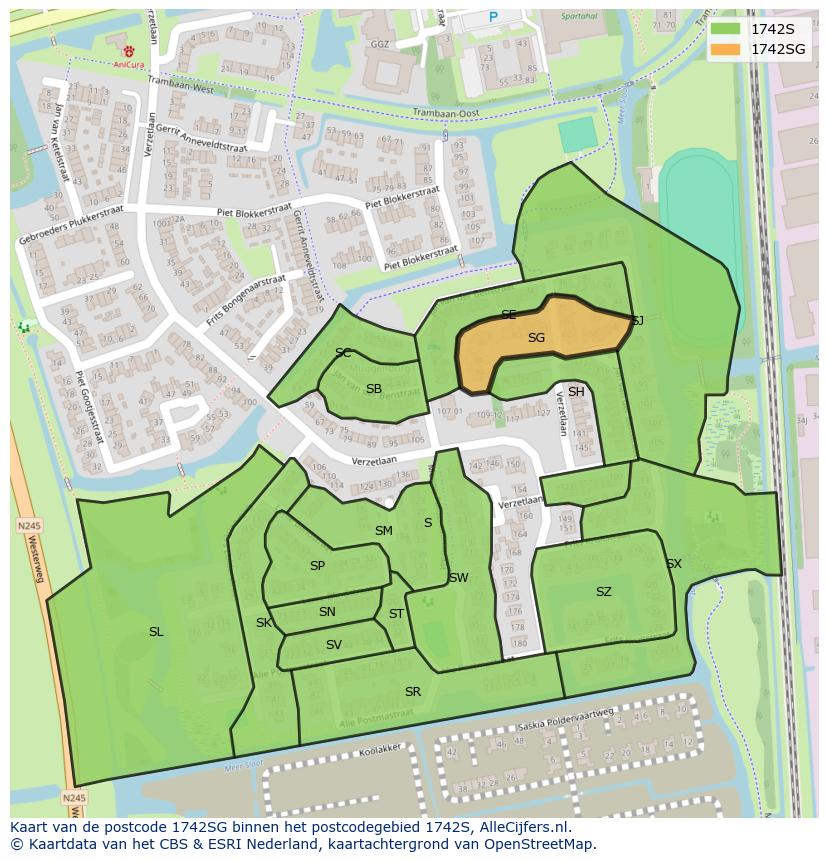 Afbeelding van het postcodegebied 1742 SG op de kaart.