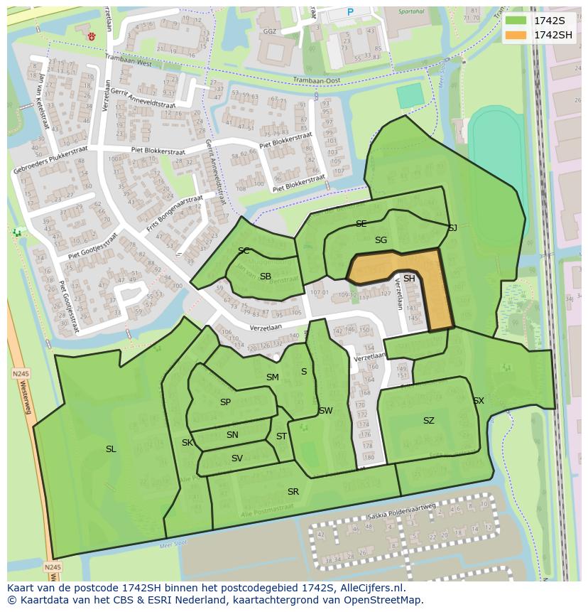 Afbeelding van het postcodegebied 1742 SH op de kaart.