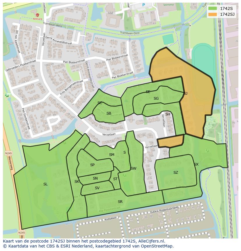 Afbeelding van het postcodegebied 1742 SJ op de kaart.