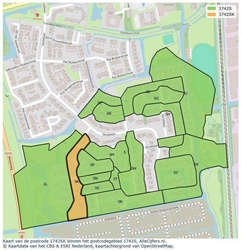Afbeelding van het postcodegebied 1742 SK op de kaart.