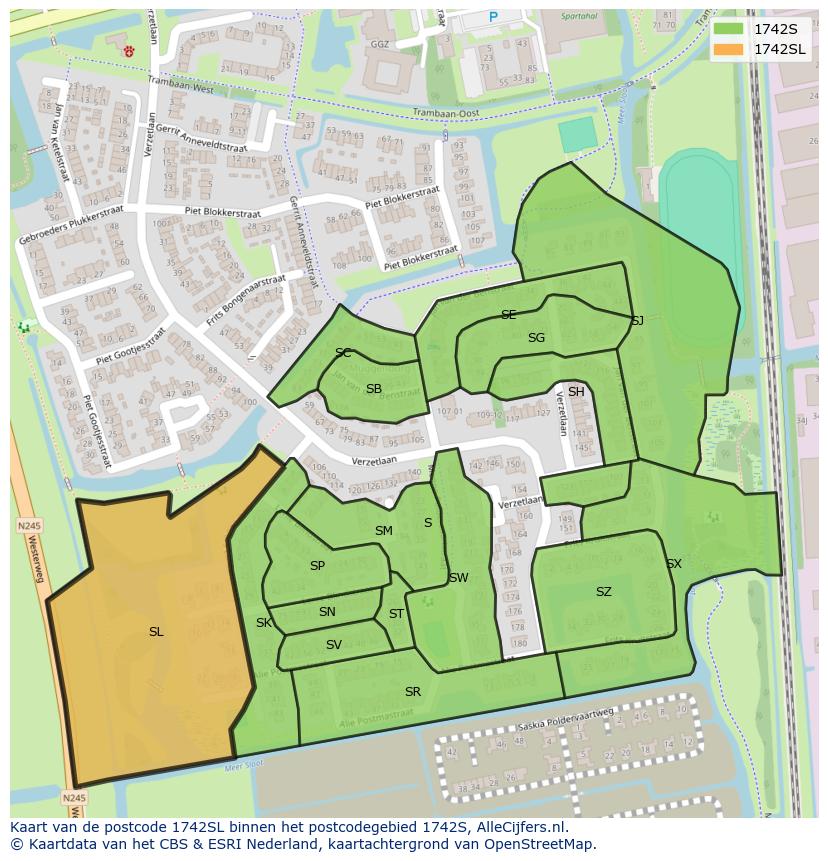 Afbeelding van het postcodegebied 1742 SL op de kaart.