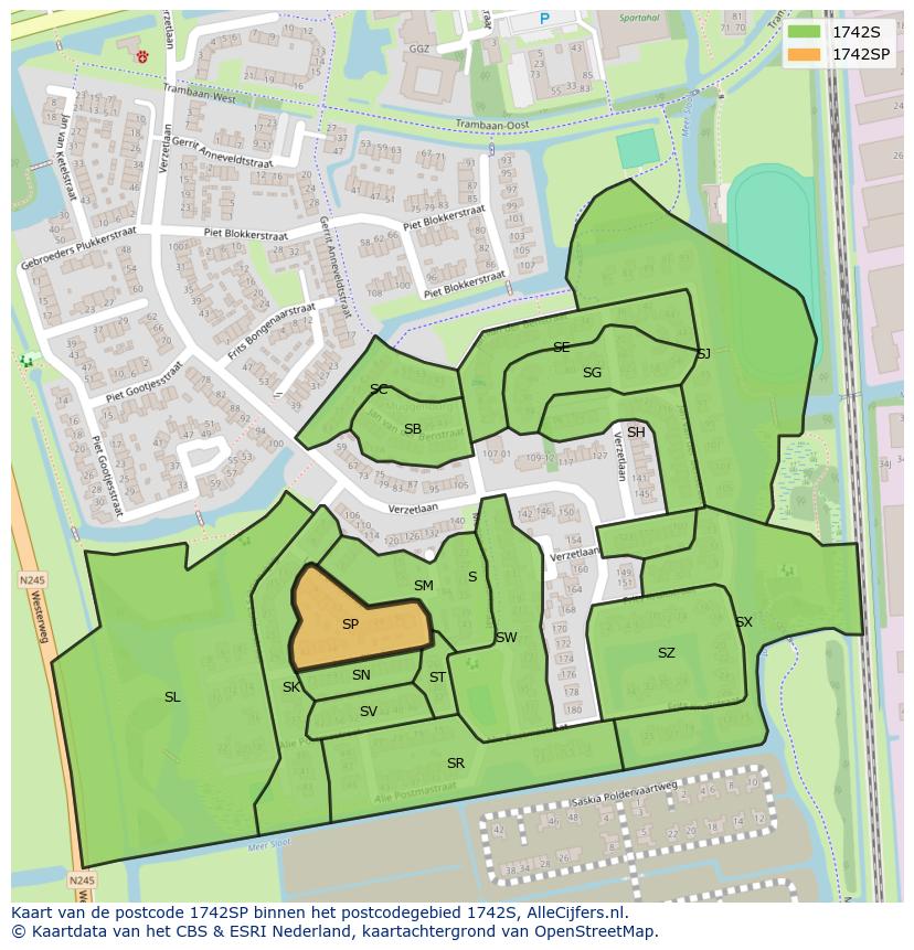 Afbeelding van het postcodegebied 1742 SP op de kaart.