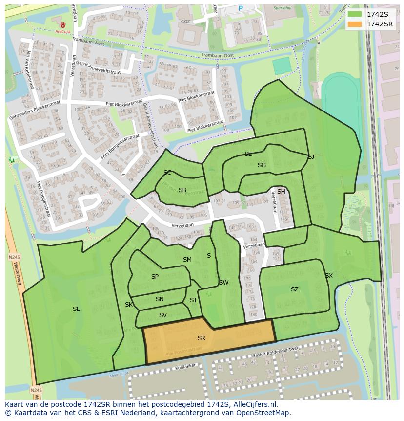 Afbeelding van het postcodegebied 1742 SR op de kaart.
