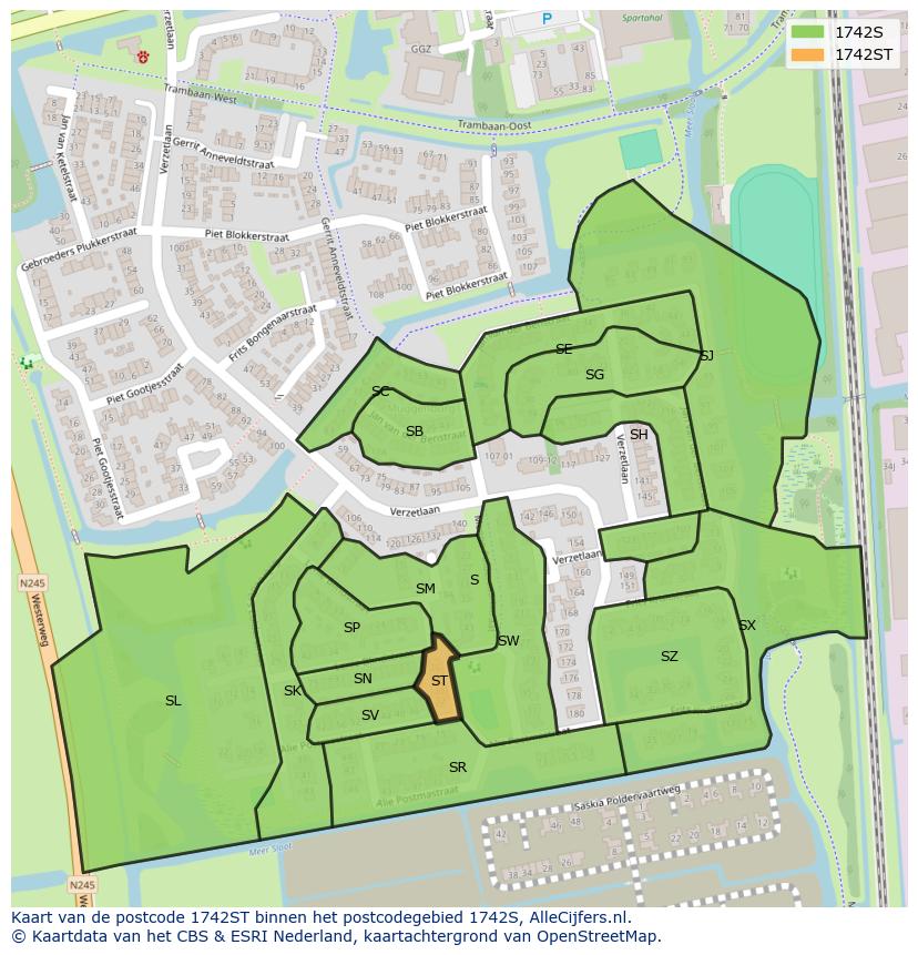 Afbeelding van het postcodegebied 1742 ST op de kaart.