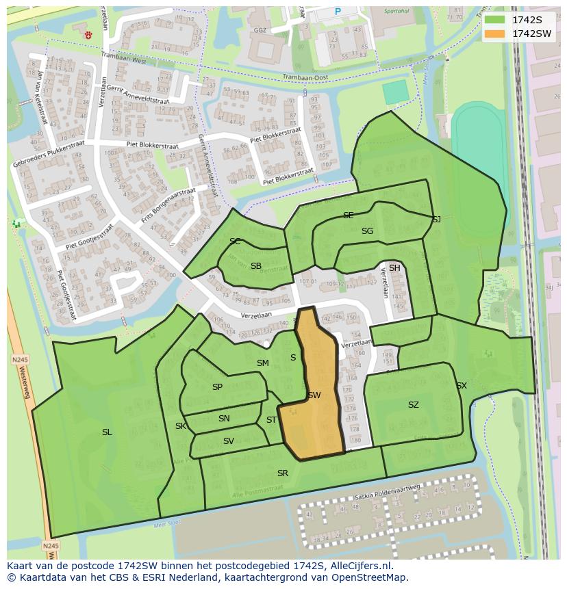 Afbeelding van het postcodegebied 1742 SW op de kaart.