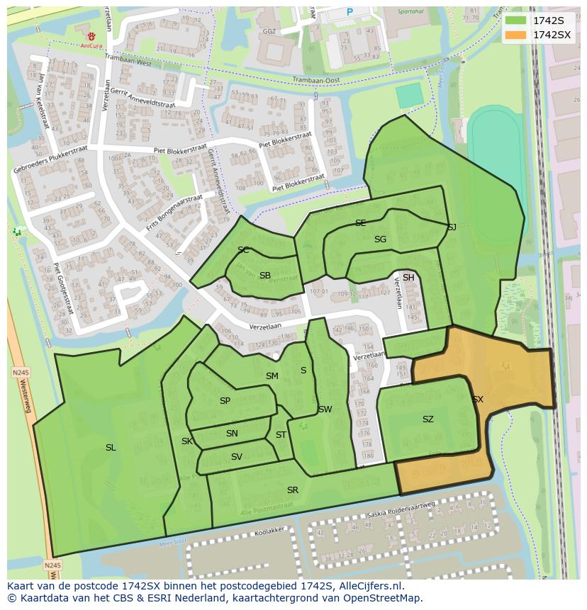 Afbeelding van het postcodegebied 1742 SX op de kaart.