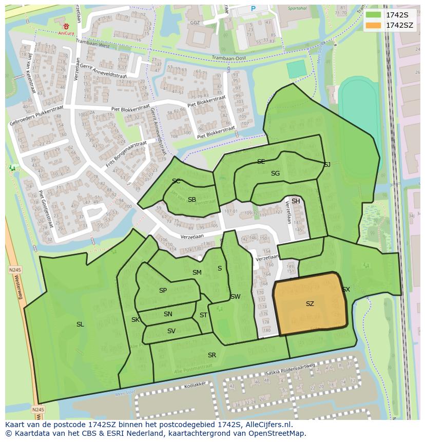 Afbeelding van het postcodegebied 1742 SZ op de kaart.