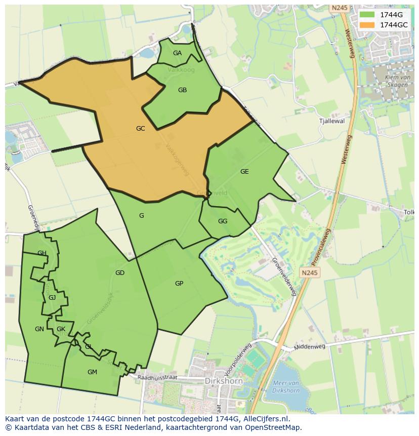 Afbeelding van het postcodegebied 1744 GC op de kaart.