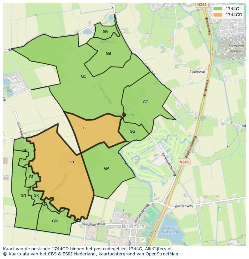 Afbeelding van het postcodegebied 1744 GD op de kaart.