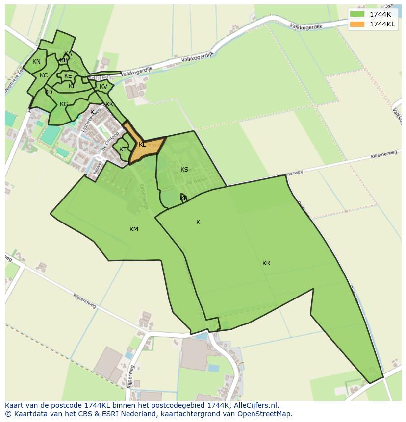 Afbeelding van het postcodegebied 1744 KL op de kaart.