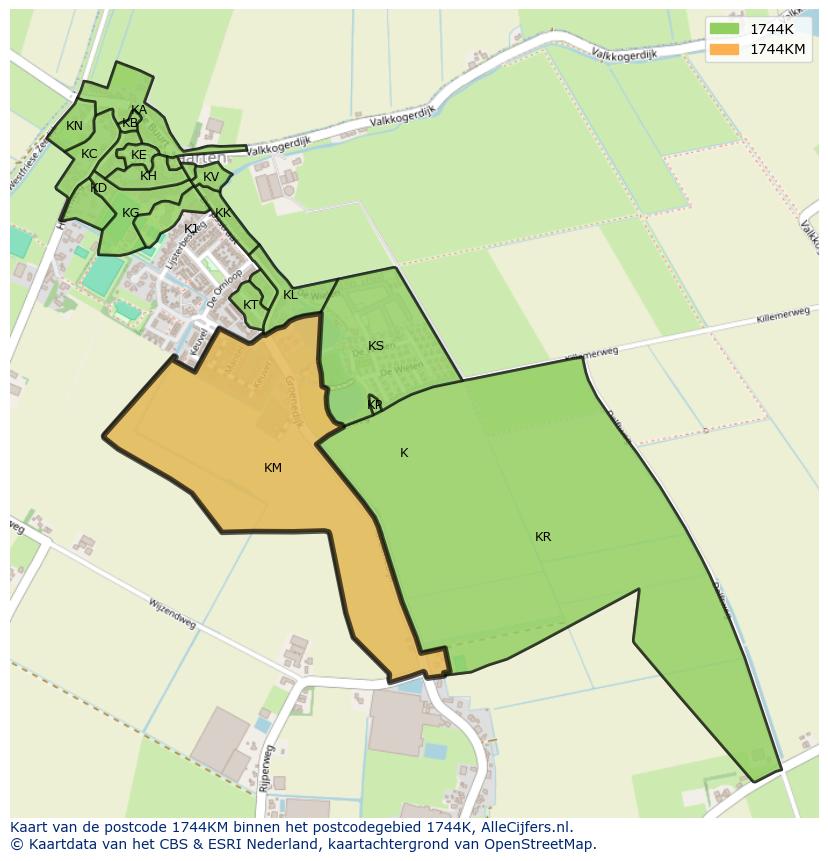 Afbeelding van het postcodegebied 1744 KM op de kaart.