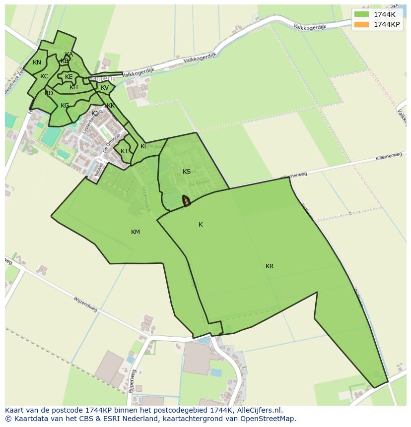 Afbeelding van het postcodegebied 1744 KP op de kaart.