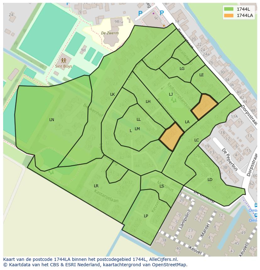 Afbeelding van het postcodegebied 1744 LA op de kaart.