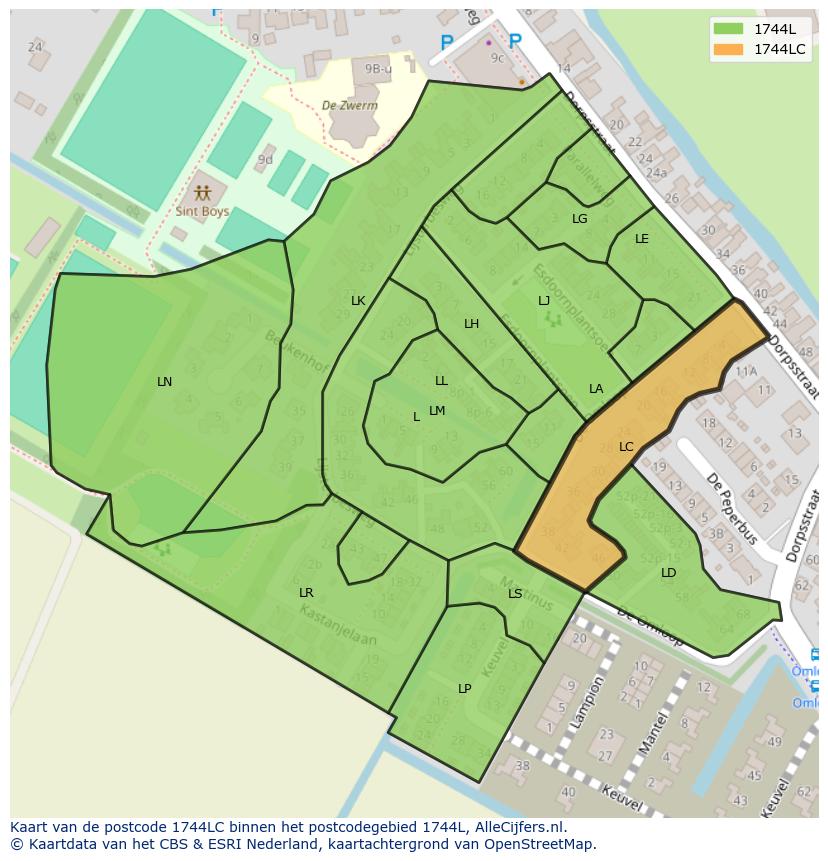 Afbeelding van het postcodegebied 1744 LC op de kaart.
