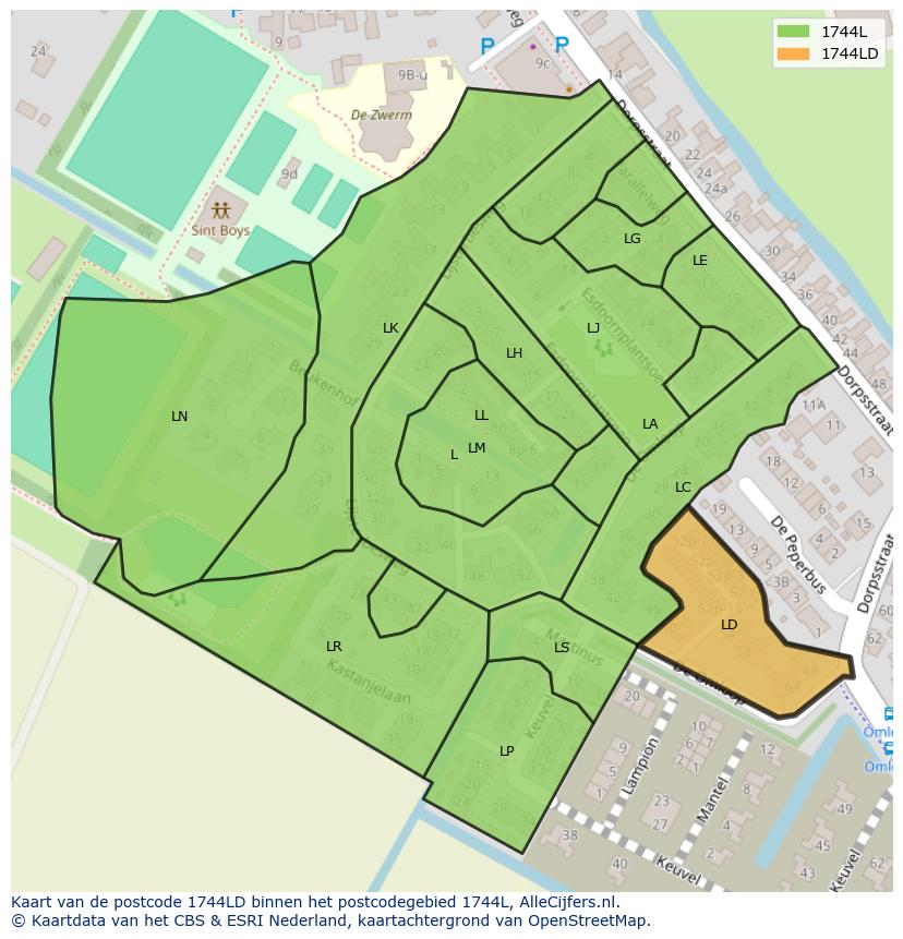 Afbeelding van het postcodegebied 1744 LD op de kaart.