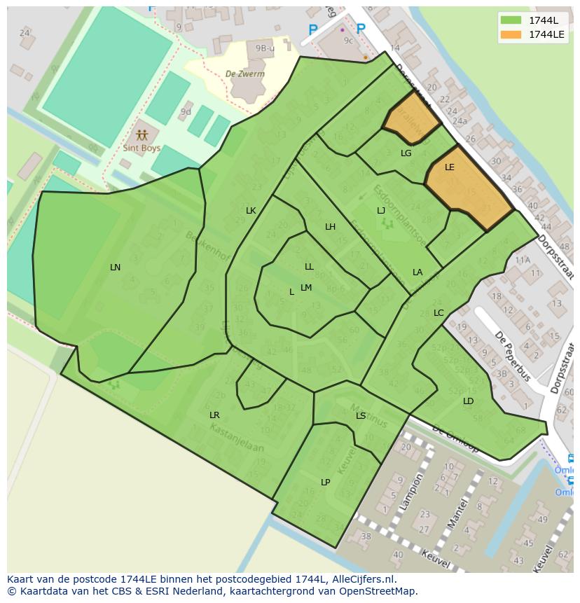 Afbeelding van het postcodegebied 1744 LE op de kaart.