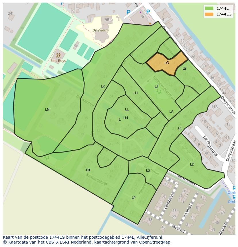 Afbeelding van het postcodegebied 1744 LG op de kaart.