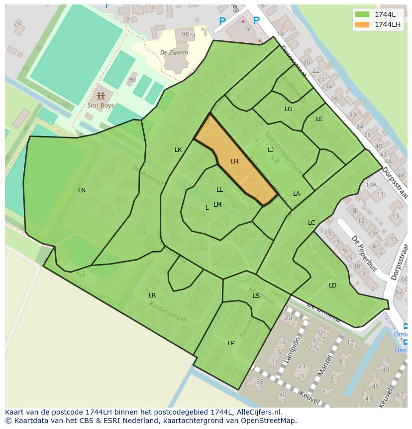 Afbeelding van het postcodegebied 1744 LH op de kaart.