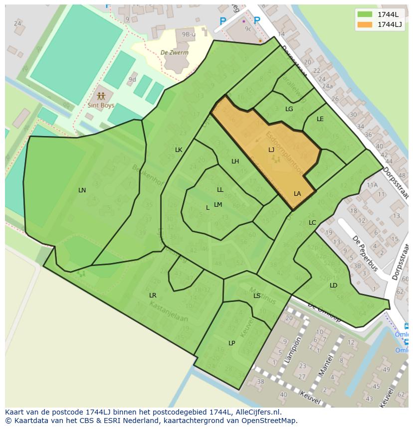 Afbeelding van het postcodegebied 1744 LJ op de kaart.