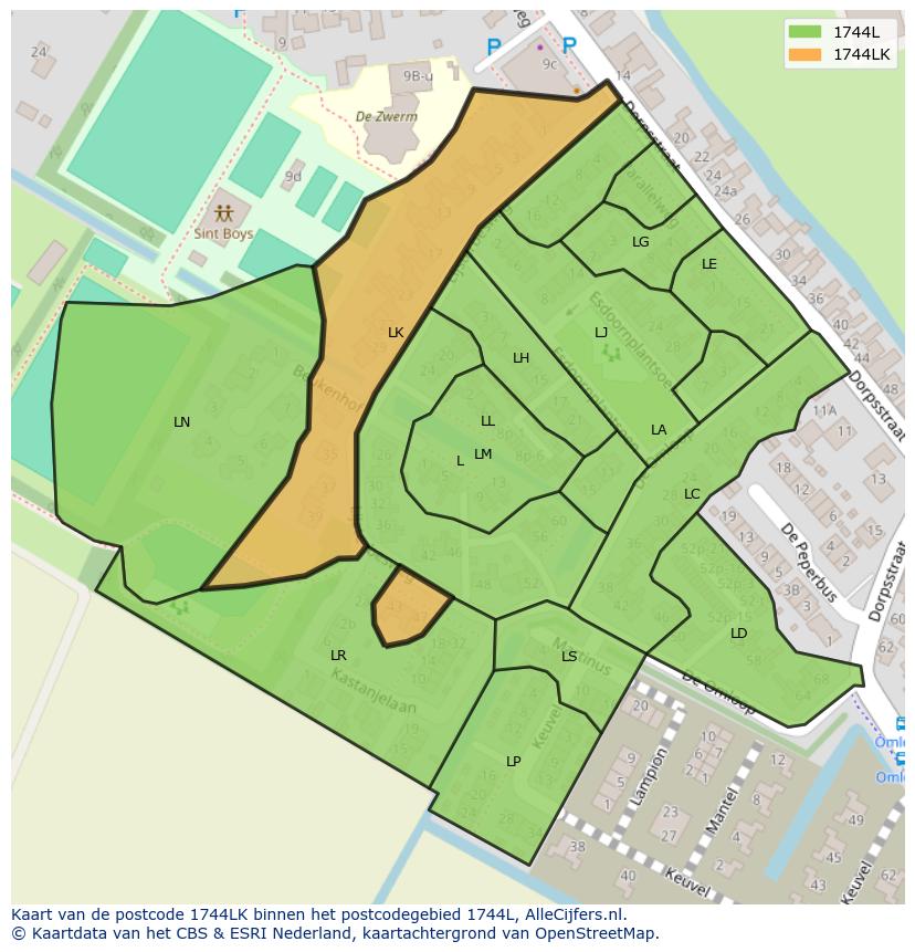 Afbeelding van het postcodegebied 1744 LK op de kaart.