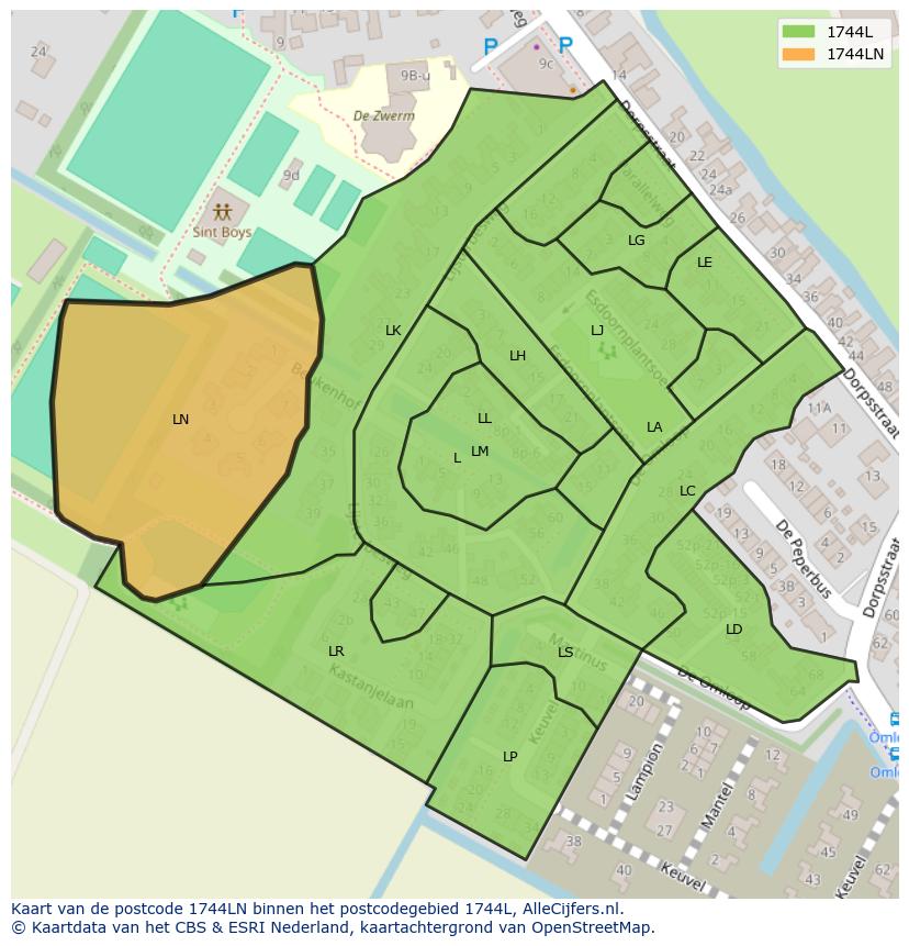Afbeelding van het postcodegebied 1744 LN op de kaart.