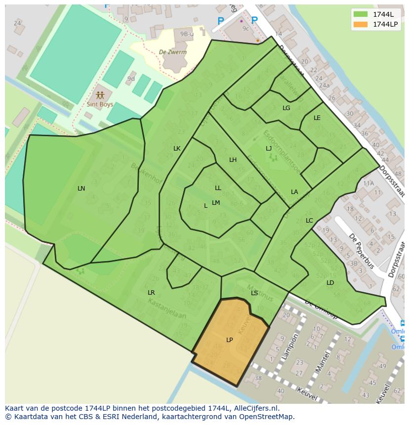 Afbeelding van het postcodegebied 1744 LP op de kaart.