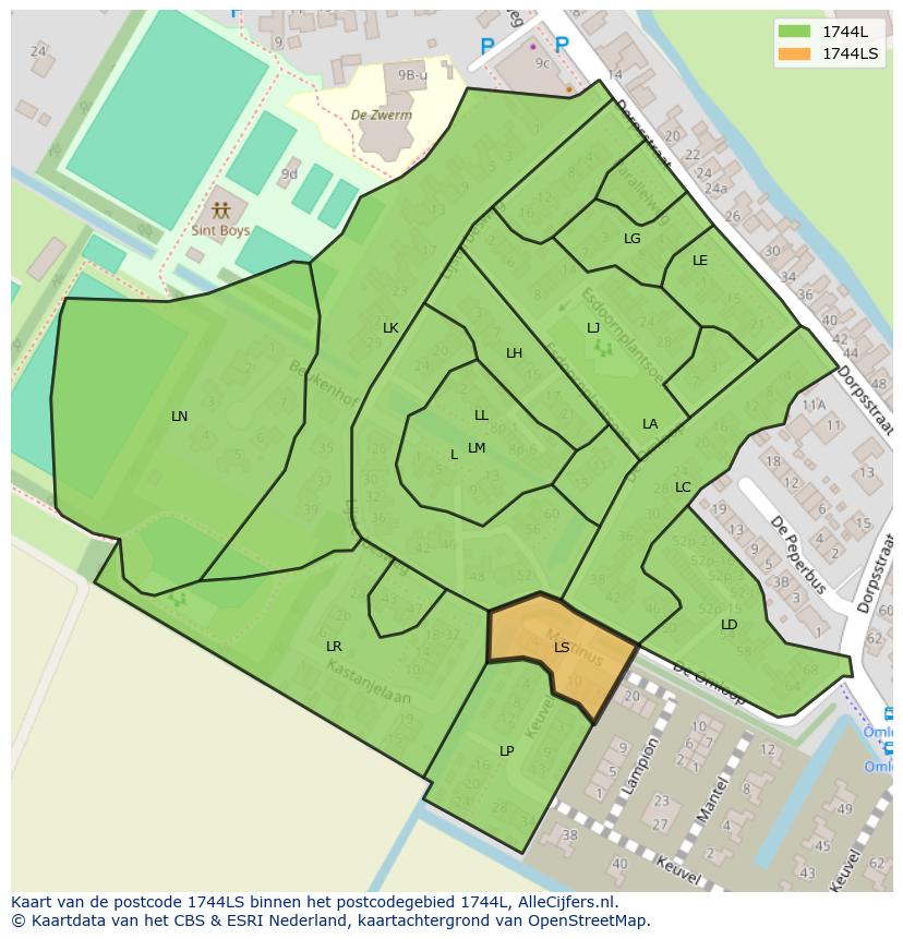 Afbeelding van het postcodegebied 1744 LS op de kaart.