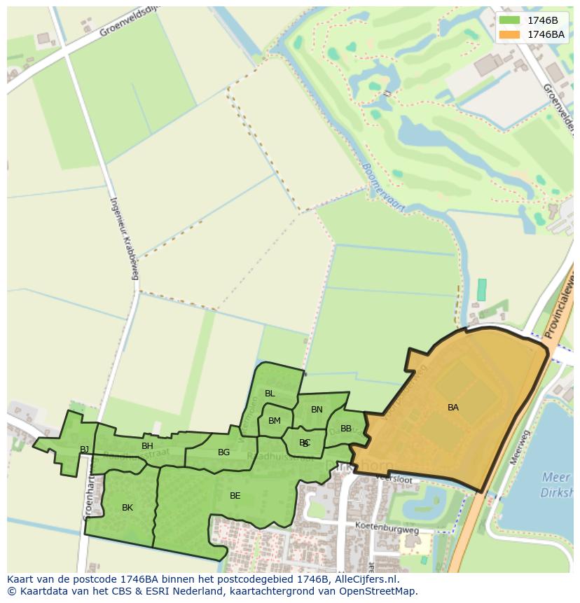 Afbeelding van het postcodegebied 1746 BA op de kaart.