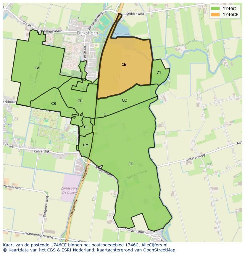 Afbeelding van het postcodegebied 1746 CE op de kaart.