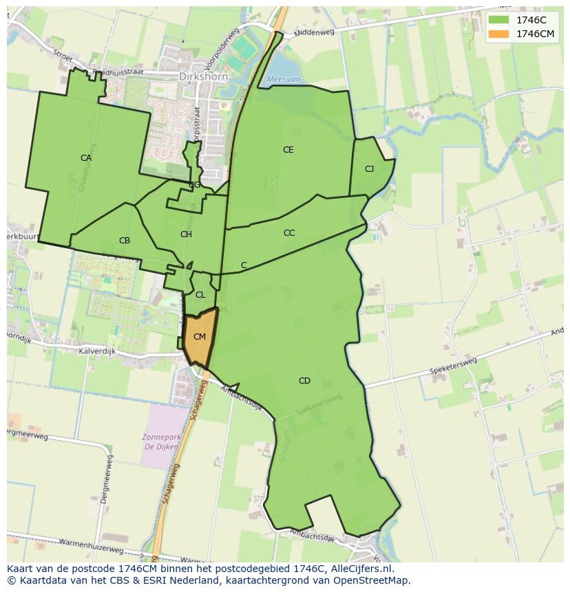 Afbeelding van het postcodegebied 1746 CM op de kaart.