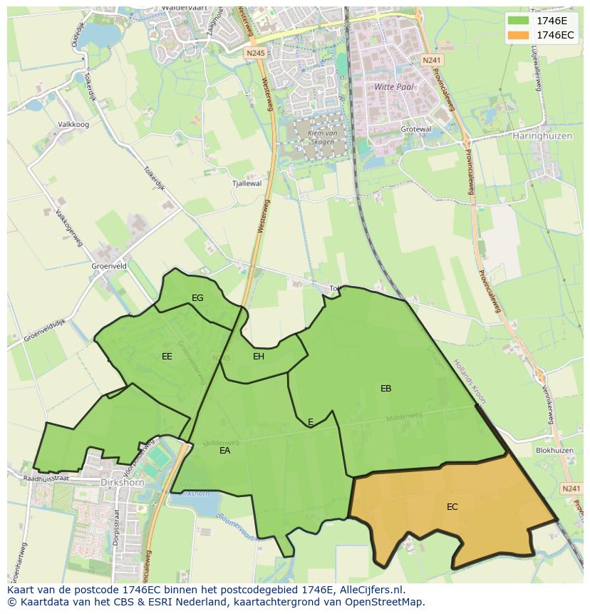 Afbeelding van het postcodegebied 1746 EC op de kaart.