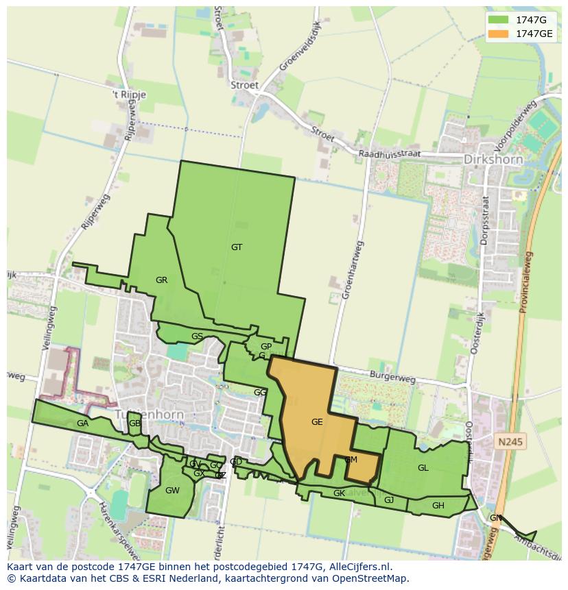 Afbeelding van het postcodegebied 1747 GE op de kaart.