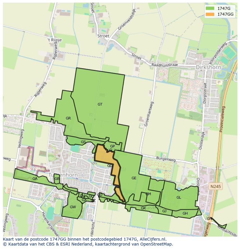 Afbeelding van het postcodegebied 1747 GG op de kaart.
