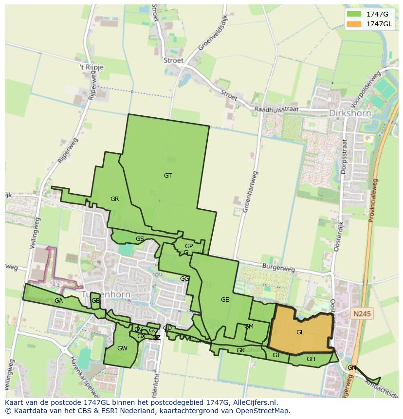 Afbeelding van het postcodegebied 1747 GL op de kaart.