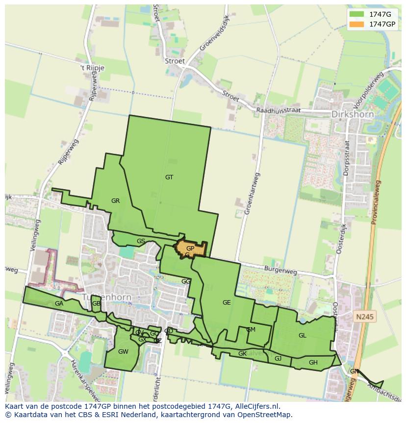 Afbeelding van het postcodegebied 1747 GP op de kaart.