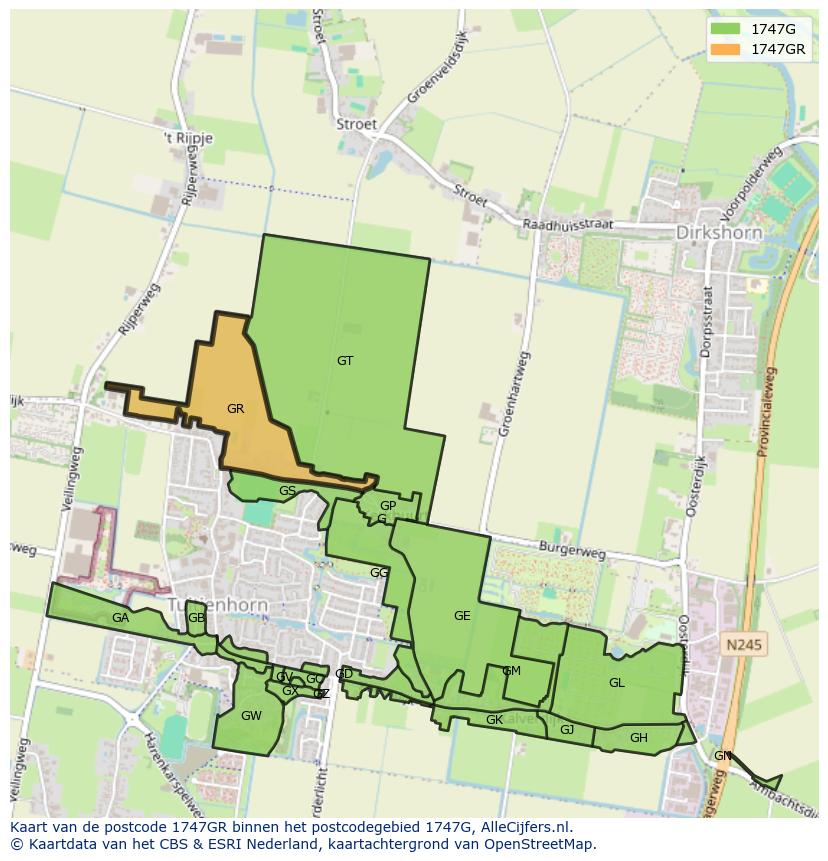 Afbeelding van het postcodegebied 1747 GR op de kaart.