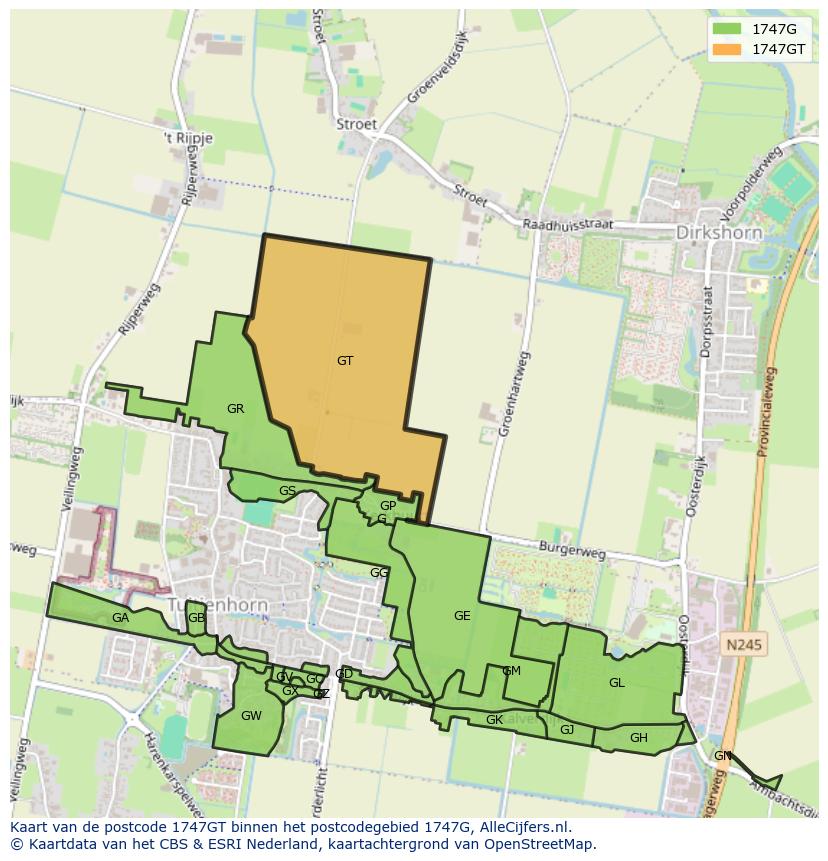 Afbeelding van het postcodegebied 1747 GT op de kaart.