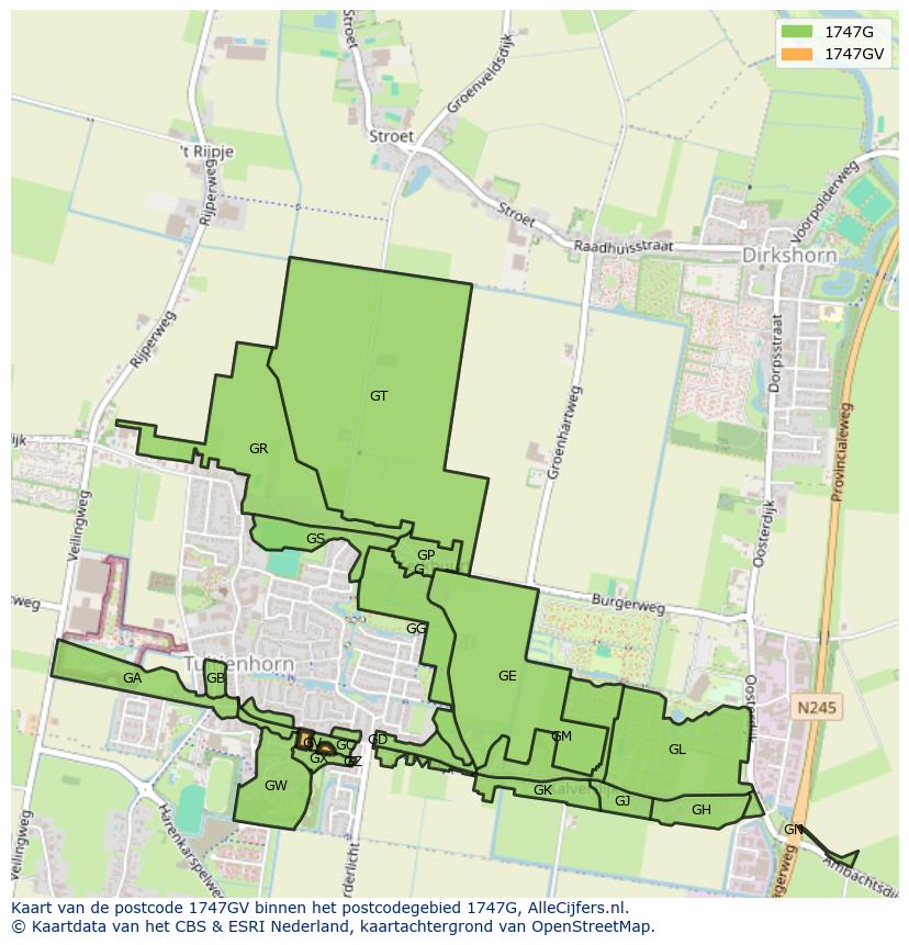 Afbeelding van het postcodegebied 1747 GV op de kaart.