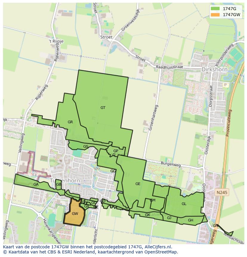Afbeelding van het postcodegebied 1747 GW op de kaart.