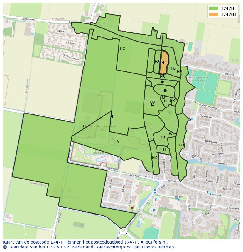 Afbeelding van het postcodegebied 1747 HT op de kaart.