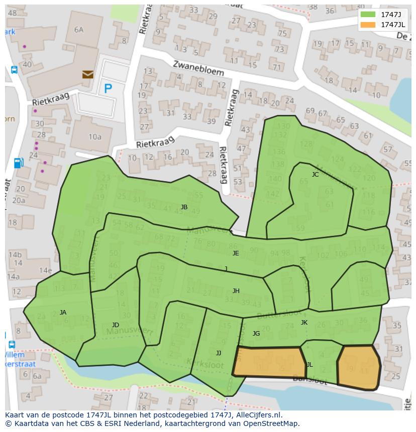 Afbeelding van het postcodegebied 1747 JL op de kaart.