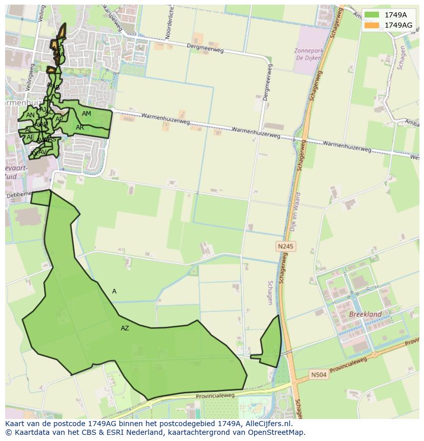 Afbeelding van het postcodegebied 1749 AG op de kaart.